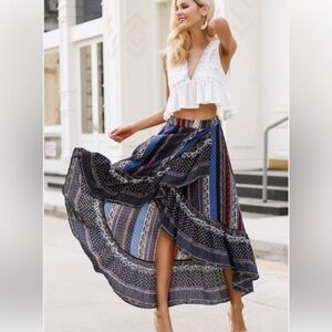 NEW Simplee Boho Coastal Cowgirl Aztec Ruffled Hi-low Wrap Skirt size Small NWT